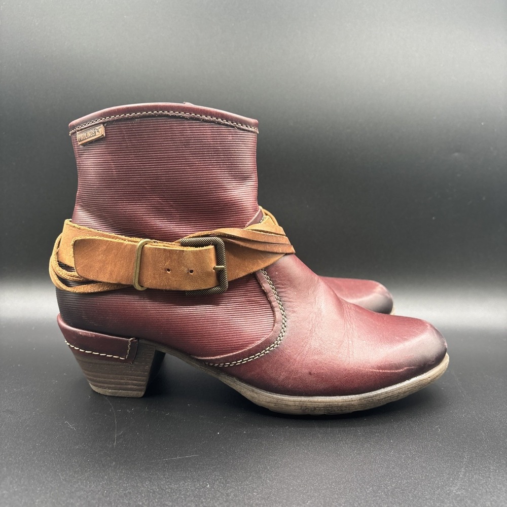 Pikolinos Ankle Boots Women's 38 Buckle Red Burgundy Leather Zip Up Heel - Picture 4 of 11